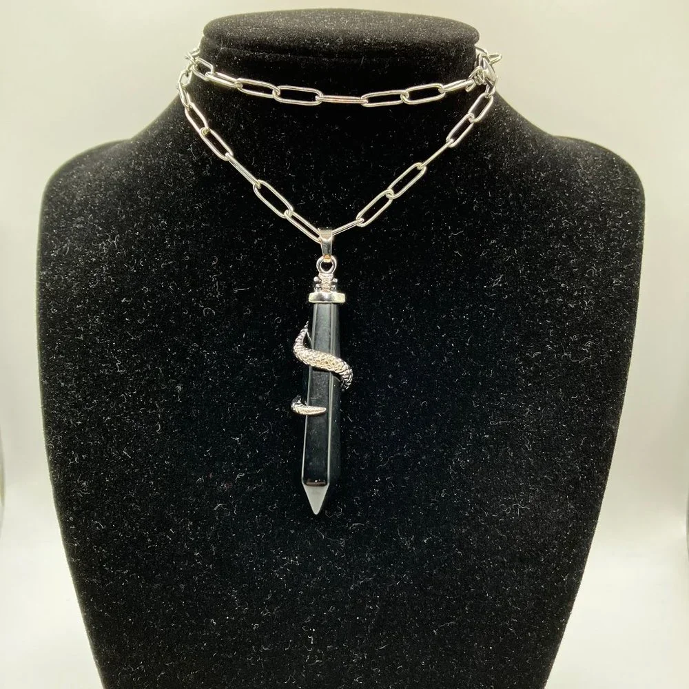 Obsidian Pointed Bullet Pendant snake accent and Stainless Steel Chain